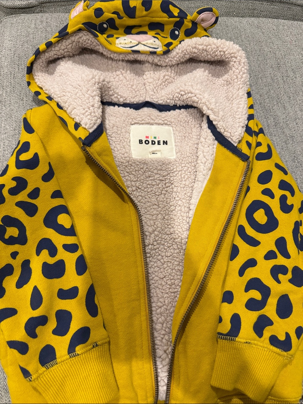 Mini Boden Yellow & Navy Leopard Print Sherpa-Lined Hoodie